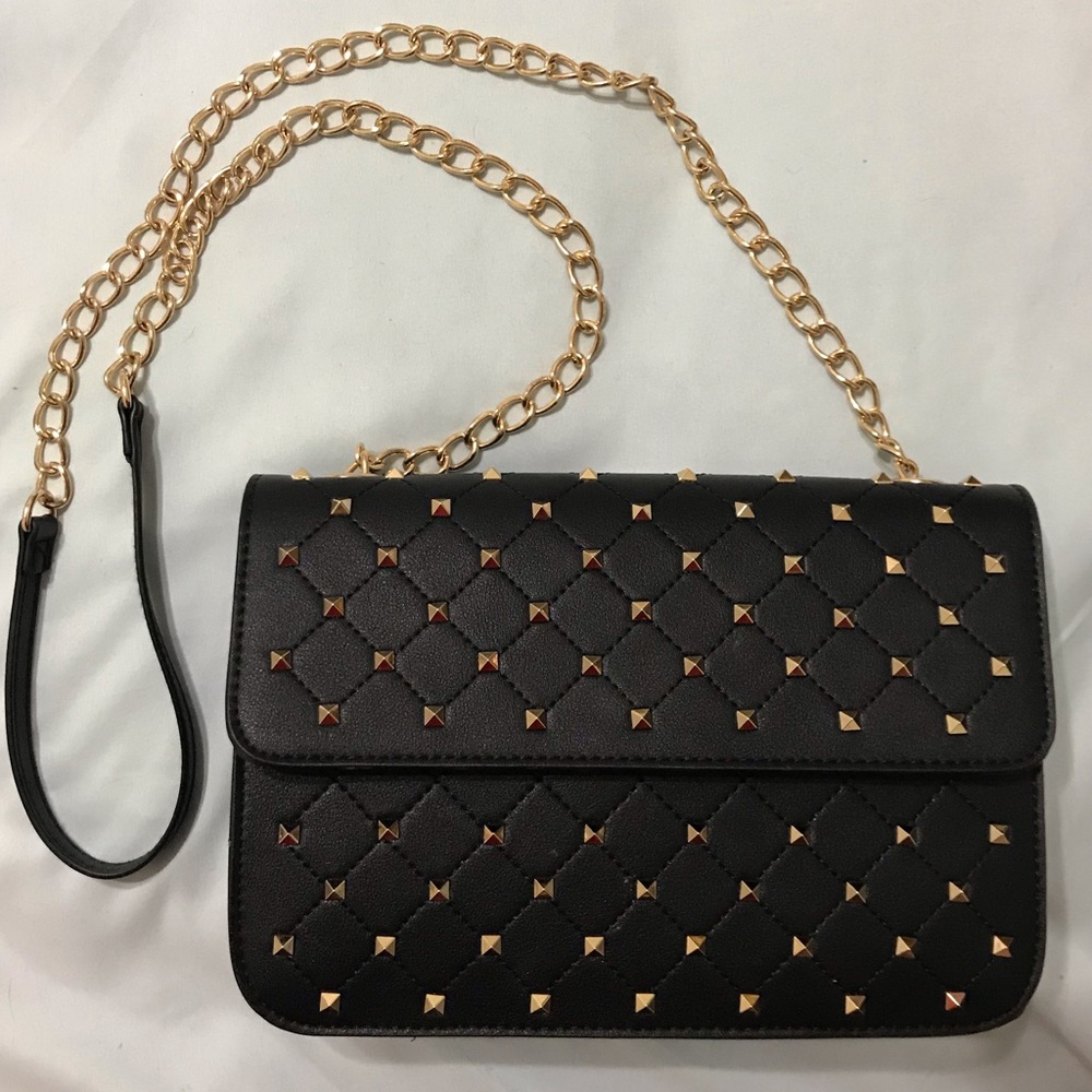 Gold Studded Black Crossbody Purse with gold chain